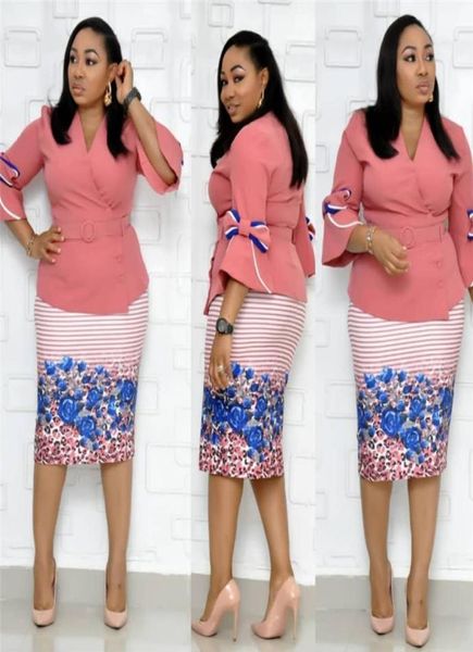 Ethnische Kleidung Herbst Büro Damen Rosa Süße Party Vintage Elegante Frauen Midi Kleider Bodycon Gürtel Druck Afrikanische Retro Mode 6509583