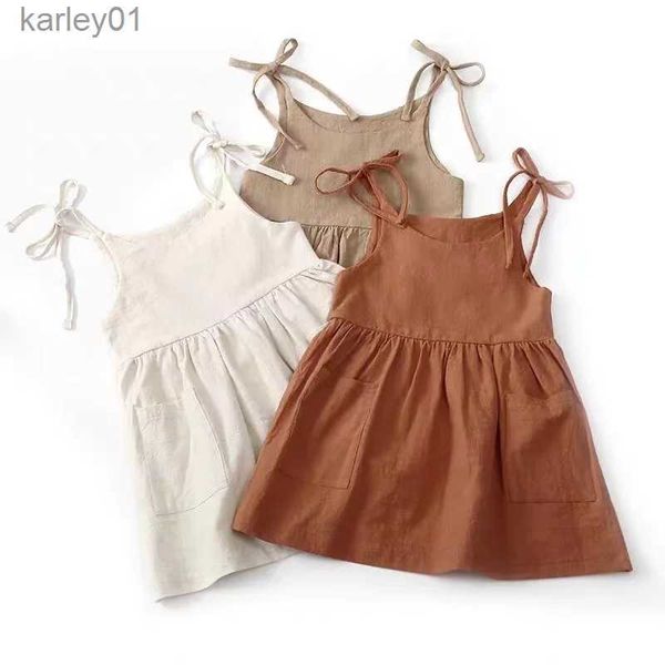 Vestidos da menina verão bonito meninas cor sólida deslizamento vestido princesa crianças sem mangas linho algodão bebê meninas roupas para praia meninas trajes 1-6t yq240327