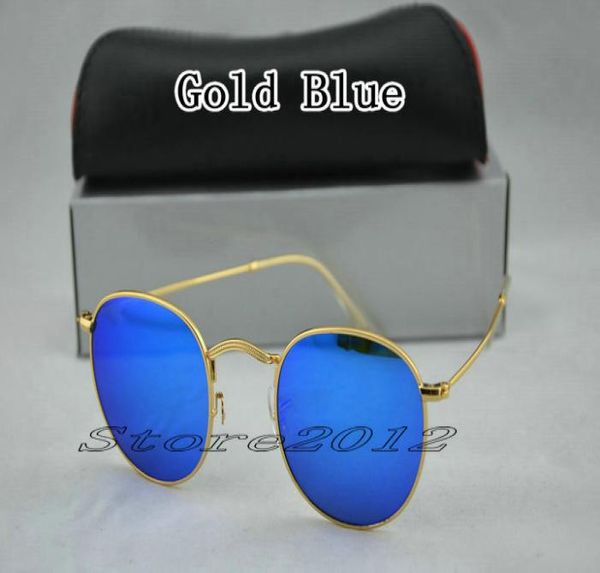 Venda novos óculos de sol redondos designer marca óculos de sol ouro metal azul espelho 50mm lentes de vidro para homens mulheres com caixa caso stor5588629