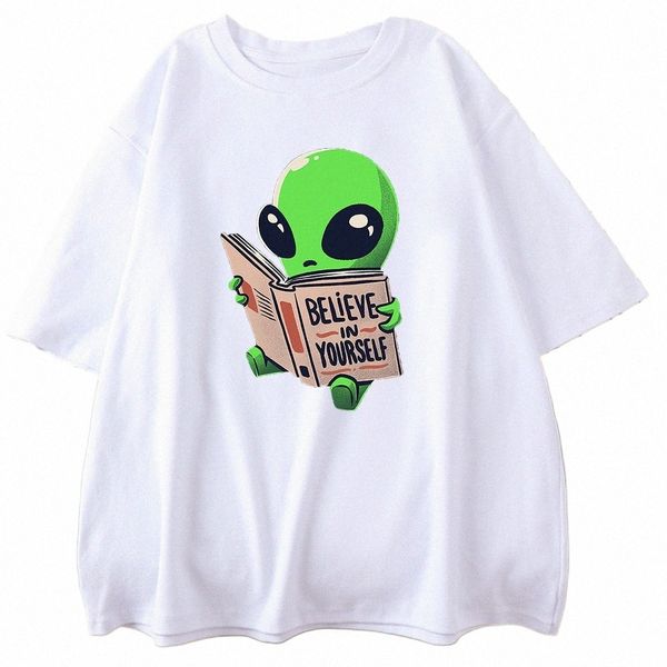 Мужские футболки Cott с зеленым принтом инопланетянина и принтом «Верь в себя», повседневные универсальные футболки большого размера, мужские футболки с коротким рукавом для творчества, 85QZ #