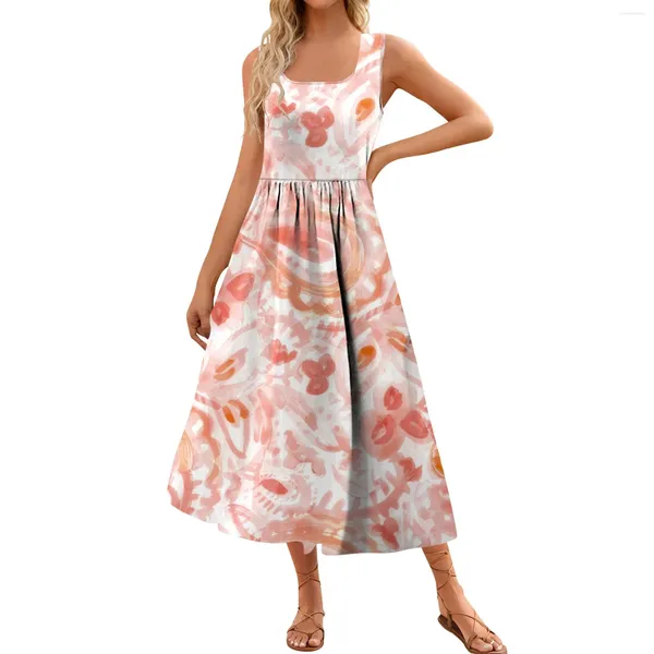 Vestidos casuais mulheres 2024 verão maxi vestido floral impressão sem mangas pescoço quadrado flowy longo praia elegante tanque sundresses com bolsos