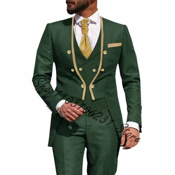 Армейский зеленый мужские костюмы Slim Fit 3 шт. Жених Свадебные путешествия Повседневные повседневные костюмы Мужчины Блейзер Жилет Брюки Костюм Homme Mariage L8Vb #