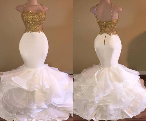 Único sereia ouro e branco vestidos de baile longo 2019 applique babados sem costas vestidos de festa à noite robe de soiree7935126