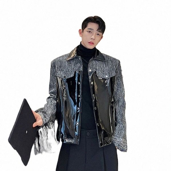 noymei Cappotto Patchwork Fiable Stile coreano PU Pelle Denim Grigio Nero Vintage Autunno Nuova giacca da uomo alla moda WA1929 o3qX #