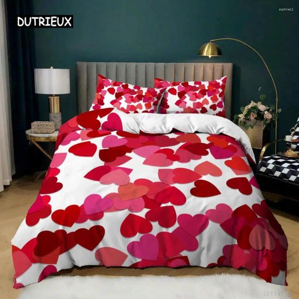 Conjuntos de roupas de cama Love Heart Duvet Set Straing Tamanho King Valentines Padrão Rosa Poliéster Soft para Meninas Mulheres Quilt