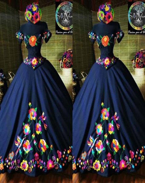 2022 Moda Charro México Quinceanera Vestidos Azul Marinho Bordado Fora Do Ombro Cetim Espartilho Costas Doce 15 Meninas Vestido de Baile 7290862