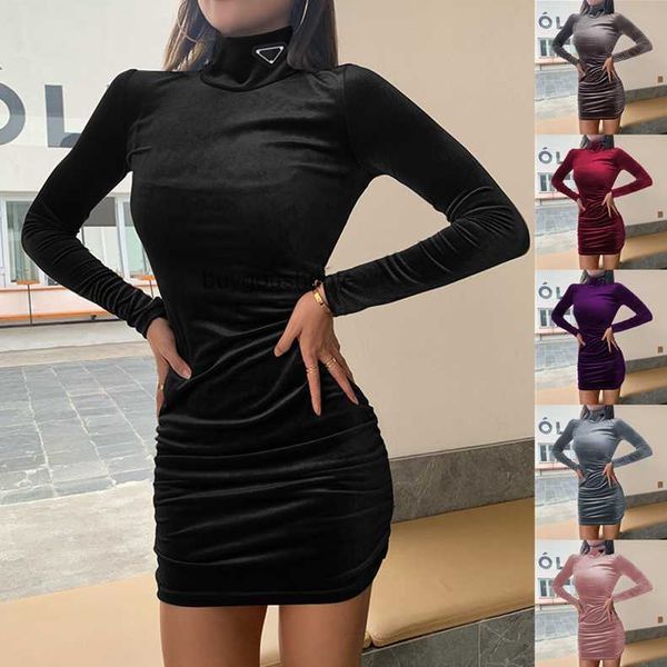 Designer de estilo de rua vestidos marca mulheres alta pescoço vestido de veludo outono inverno nova manga longa vestido fino vestidos casuais sexy moda hip vestido plus size saia