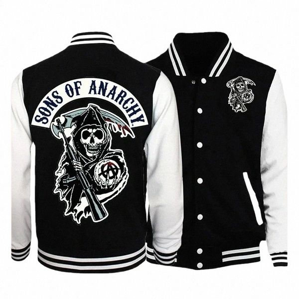 2024 Ss of Anarchy Giacca da baseball Cappotto con cappuccio Uomo Donna Stampa Sport Uniformi da baseball Moto Cappotti Cardigan Abbigliamento Top y9mU #