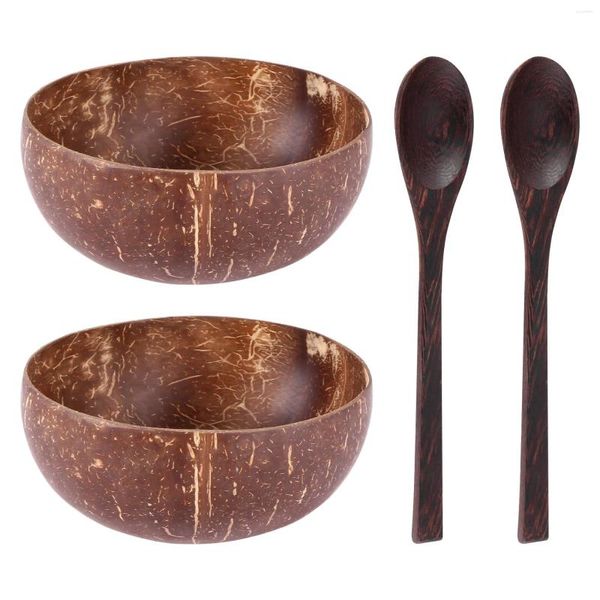 Conjuntos de louça e colheres de madeira para servir macarrão macarrão smoothie mingau artesanato decoração tigela de casca de coco