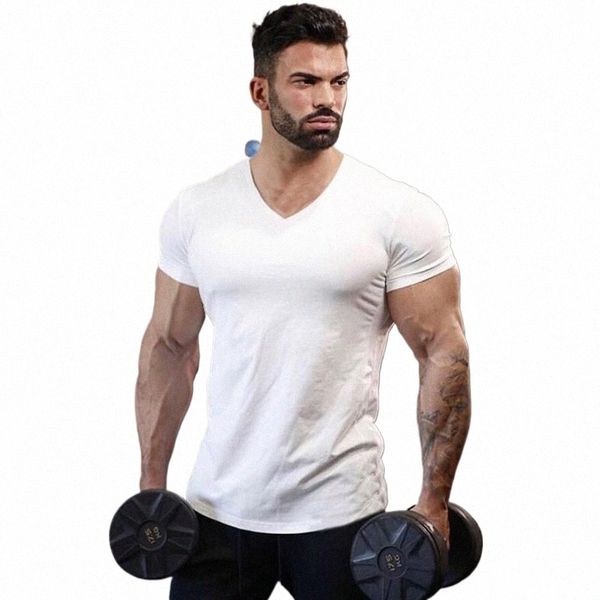 Plain Cott Gym T-shirt Homens Verão Fitn Roupas Com Decote Em V Manga Curta T camisa Slim Fit Camiseta Musculação Treino Tees Tops Y8au #