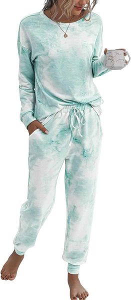 Conjunto de pijama feminino tie-dye de duas peças casual manga comprida roupa esportiva combinada com calças compridas para uso doméstico 2 ASPK