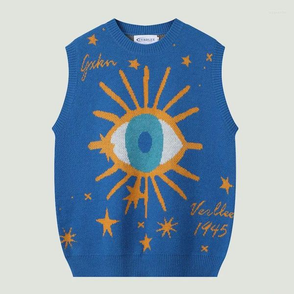 Coletes masculinos hip hop grandes olhos retalhos de malha mens harajuku estrela padrão impressão sem mangas camisola casual solto o-pescoço pulôver unisex