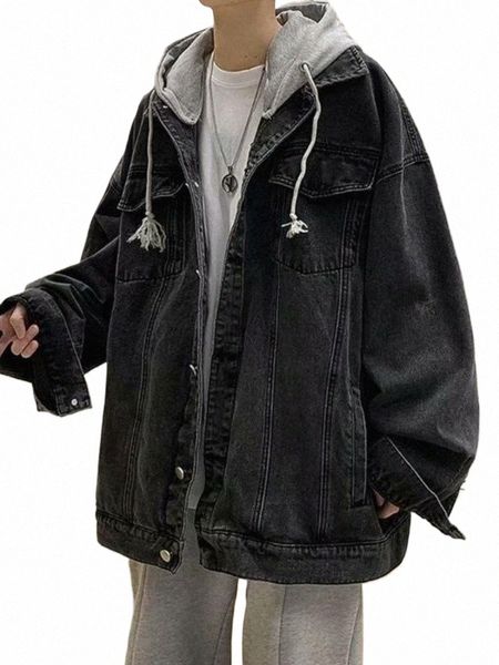 Fake Two Hooded Denim Jacke Herren Frühling Herbst Neuer Trend Oversize Baseballjacke American Hip-Hop Hg KG Style Jeans Mantel a3yE #