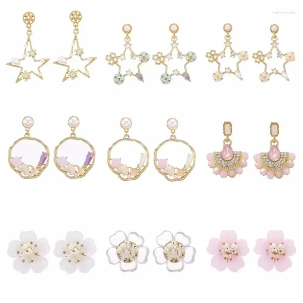 Brincos pendurados moda rosa estrela fã flor círculo geométrico brinco de cristal para mulher festa beleza jóias