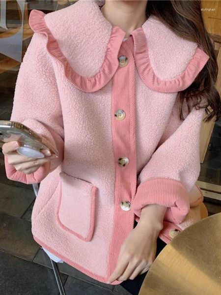 Jaquetas femininas rosa cordeiro lã casaco feminino oversized solto colar de boneca feminino moda coreana doce outwear inverno grosso casacos quentes