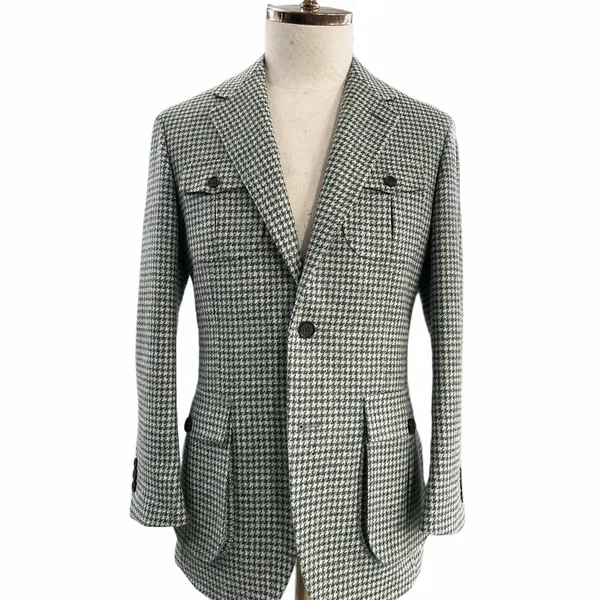 Blazer masculino de peito único com 4 bolsos reais na jaqueta Houndstooth Lattice Check Pattern para uso diário, negócios, casamento 35Bi #