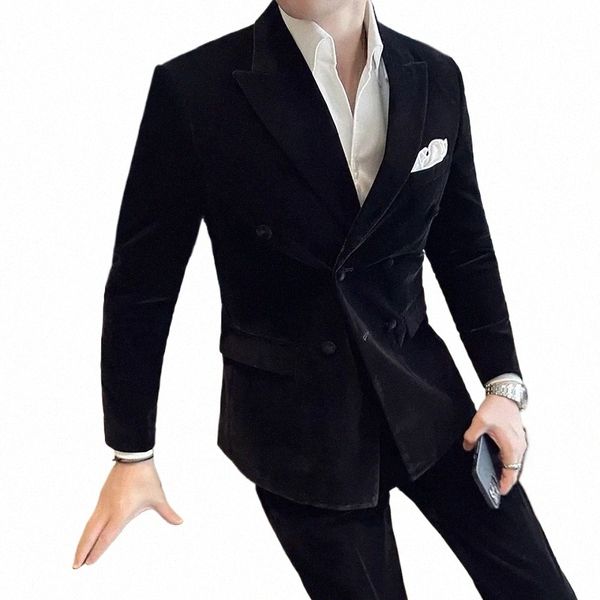Neuer High Sense-Anzug + Hose Herren-Fi-Busin-Reverskragen Zweifarbiger Texturstoff Zweireihiger Gentleman-Hochzeitsanzug 48ug #