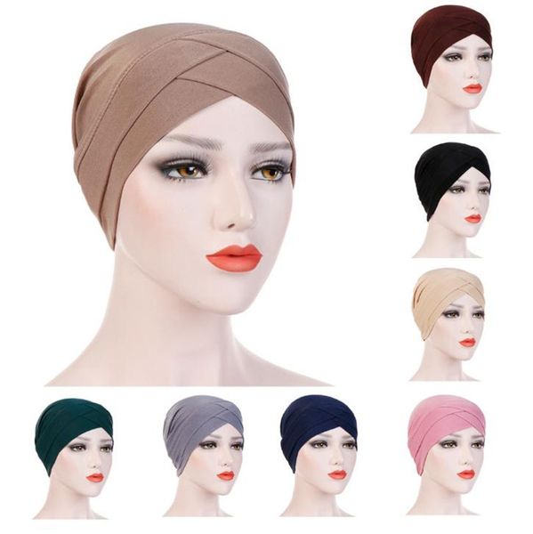 Feminino elegante chapéu elástico turbante testa cruz índia chapéu cabeça envoltório quimio cor sólida bandana lenço muçulmano menina boné da393