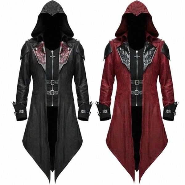 Steampunk Gothic Smoking Trenchcoat Umlegekragen Mit Kapuze Leder Schwalbenschwanz Jacke Assassin Kostüm Halen Für Männer Plus Größe f3vs #