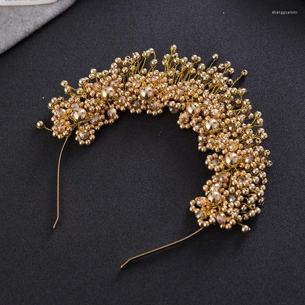 Fermagli per capelli Colore oro Perla Fiore Fascia per capelli Tiara per le donne Spettacolo da sposa Accessori da sposa Corona di gioielli