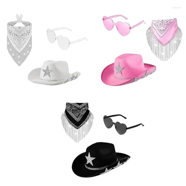 Berets 3 pçs adulto coração óculos de sol lenços cowboy chapéu conjunto carnaval mulher à prova de sol com estrela de diamante para camping