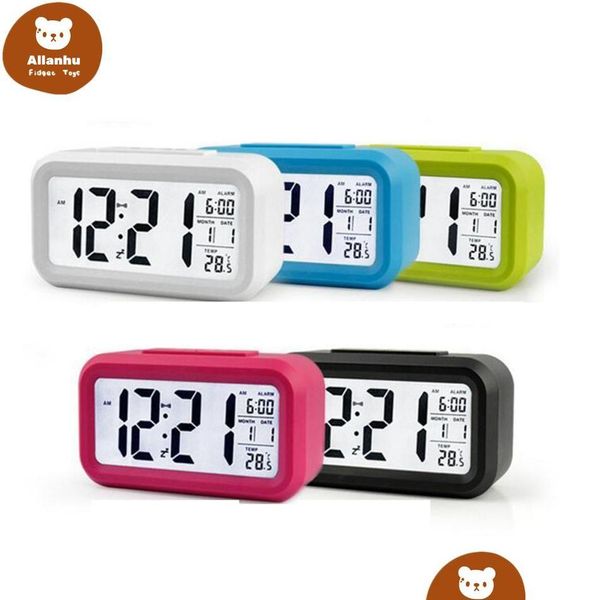 Relógios de mesa de mesa Smart Sensor Nightlight Digital Despertador com Temperatura Termômetro Calendário Silencioso Relógio WD Drop Delivery Ho DHTK6
