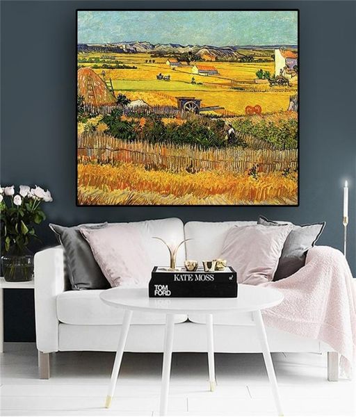 Colheita em La Crau por Van Gogh Paisagem Pintura a óleo Arte clássica Pôsteres e impressões Imagem abstrata de arte de parede para sala de estar H7514395