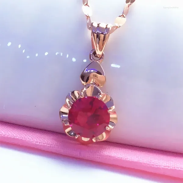 Correntes 585 Roxo Banhado A Ouro 14k Rosa Elegante Ruby Flor Pingente Neckalce Para Mulher Charme Doce Luz Luxo Jóias De Casamento