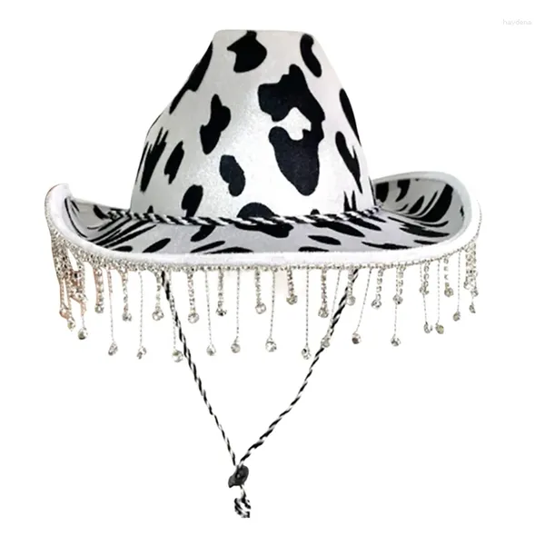 Berets Dairy-Cow Print Tassel Cowboy Chapéu Um Tamanho Mulheres Cowgirl Chapéus Unisex Party Costume Top Panama Night Club