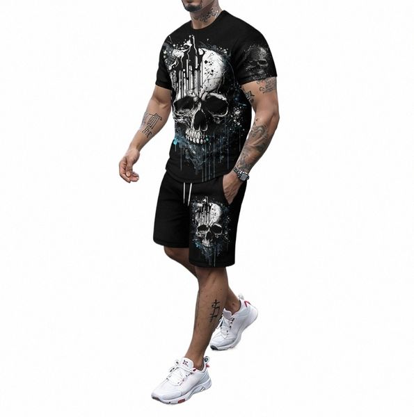 Sommer männer Oansatz kurzarm shorts set mit 3D schädel druck fi lässig cool persality T-shirt set sport set 03LV #