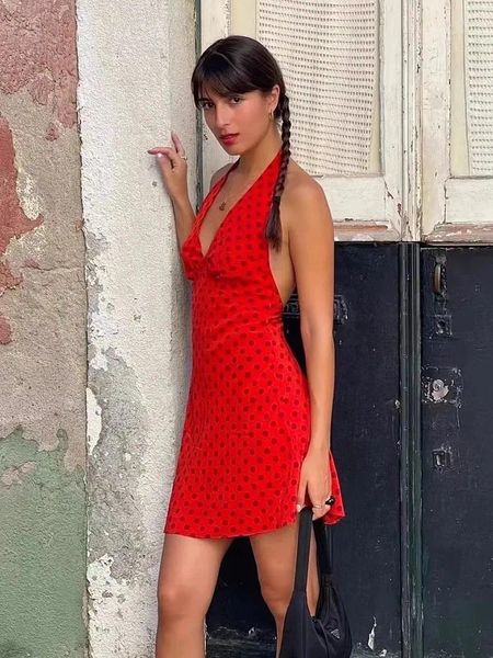 Vestidos casuais vintage pontos vermelho verão halter mini vestido mulheres sexy sem mangas retro curto sundress amarrar v pescoço férias férias 2024