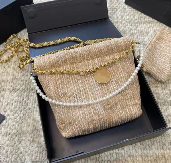 Borsa a tracolla in paglia di design da donna di lusso con catena di perle, borsa per la spesa, borse e borsette di alta qualità, fatte a mano, grande sacco della spazzatura, hardware dorato 2663