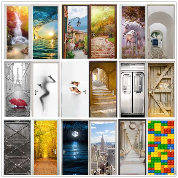 Adesivi Creativo 3D Vision Adesivo per porta per soggiorno Camera da letto Home Design Decor Carta da parati Autoadesiva Vinile Poster Decalcomanie da muro Murales