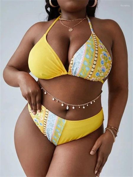 Mulheres Swimwear 2024 Mulheres Grande Tamanho Maiô Amarelo Floral Impressão Patchwork Cintura Alta Bikini Set Sexy Banheira Terno Tankini Conjuntos