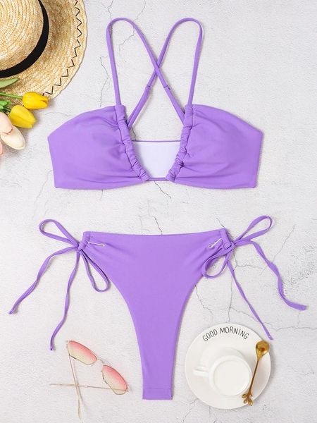 Mulheres Swimwear Biquíni Mulheres Swimsuit 2024 Roxo Sling Biquinis Set Sexy Lace Up Verão Duas Peças Beachwear Terno de Banho para Feminino