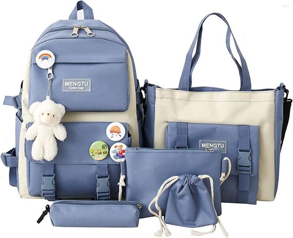 Sırt çantası cms kawaii set 5pcs estetik okul çantaları, kolye öğle yemeği çantası kalem çanta çanta para çantası ile sevimli