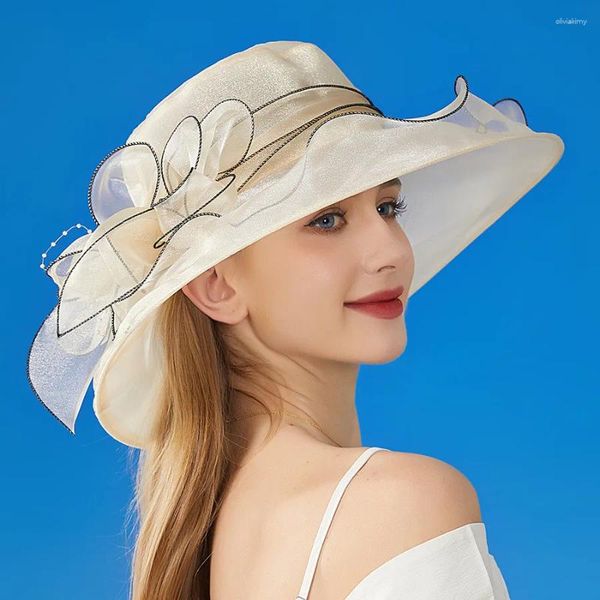 Breite Krempe Hüte Frauen Sonne Für Europa Amerika Dame Große Blume Eimer Britische Elegante Fedoras Großer Schutz