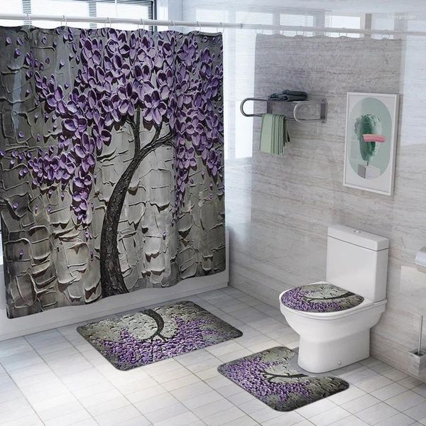 Tapetes de banho Esculpido Impressão À Prova D 'Água Cortina de Chuveiro 4 PCS Toilet Cover Mat Pad Set Pedestal Tapete Tampa Tapete Banheiro Ganchos