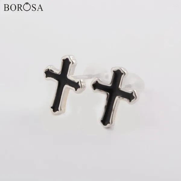 Brincos BOROSA 10 pares 92,5% prata pura cor 9x10mm formato de cruz joias de pintura preta para mulheres como presentes WX1151