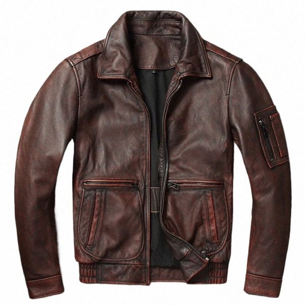 100% Rindsleder Echtes Ledermantel für Männer Stil Moto Biker Vintage Slim Male Natural Fi Revers Lederjacke F6tD #