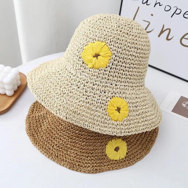 Ampla borda chapéus primavera pequena margarida palha crochê chapéu para mulheres verão férias praia balde dobrável senhoras ao ar livre sol