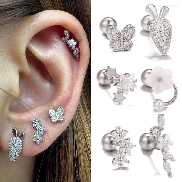 Brincos de parafuso prisioneiro 1 pc brinco piercing de orelha para mulheres cz zircon flor borboleta tragus cartilagem jóias acessórios presente