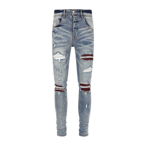 Offamiri marca moderna vaca preta lavada danificada e usada patchwork mx1 elástico slim fit jeans masculino high street ins