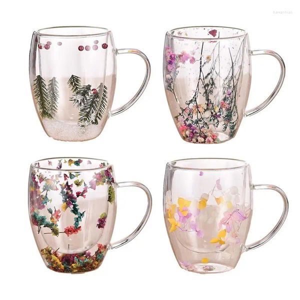 Tassen, doppelwandige Glastasse, getrocknete Blumen, isolierte Kaffeetasse mit Griff, hitzebeständig, kreatives Geschenk, Trinkgeschirr