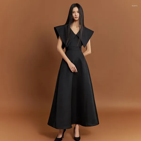 Vestidos casuais 2024 primavera verão coreano moda ol grande colarinho preto para mulheres francês simples elegante longo balanço a-line vestido