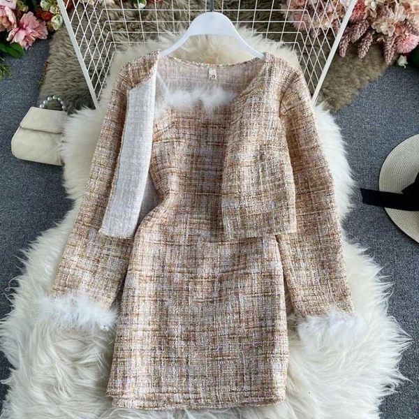 Vestidos de trabalho feminino tweed perfumado terno jaqueta casaco e pena mini vestido duas peças conjunto feminino baile festa jacquard pano vintage 2024