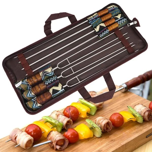 Espetos para churrasco ao ar livre, conjunto de 7 peças, aço inoxidável, alça de madeira, espetos para churrasqueira com saco de armazenamento, ferramenta de piquenique de acampamento