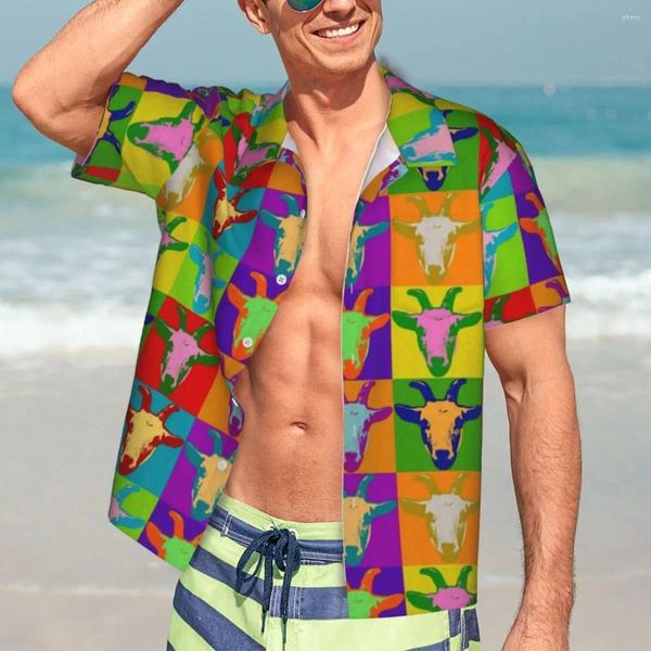 Herren-Freizeithemden, Hawaii-Hemd, Strand-Bauernhof-Animal-Print-Blusen, Ziegenkunst, Vintage-Herren-Kurzarm-Harajuku-Kleidung