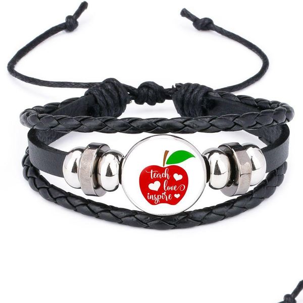 Charm Armbänder Teach Love Inspire für Frauen Männer Handgefertigte geflochtene Lederschnur Seil Wrap Armreif Modeschmuck Lehrertagsgeschenk D Dh9Ll