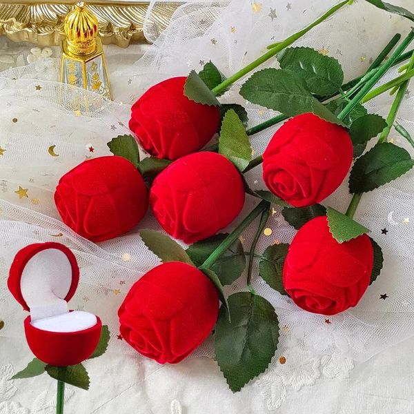 Decorazione per feste 5/10 pezzi Creativa Scatola per anelli di fiori di rosa Floccaggio fiori Matrimonio Fidanzamento Regalo di San Valentino Anelli Custodie per gioielli